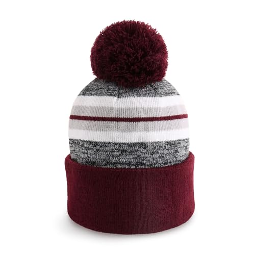 Pom Pom Beanie Cuffed Knit Winter Hat Skull Cap Striped Novelty Men Women - color: (Burgundy)