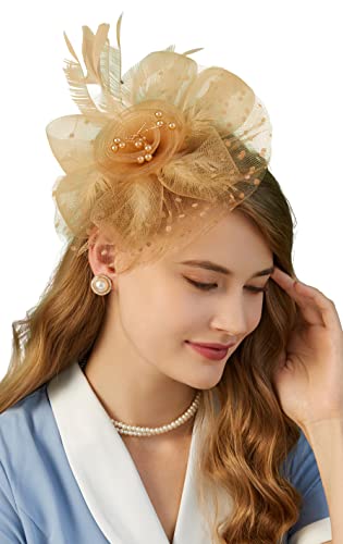 Fascinators Hat for Women Tea Party Headband Kentucky Derby Wedding Flower Cocktail Mesh Feathers Hair Clip - color: 1-gold
