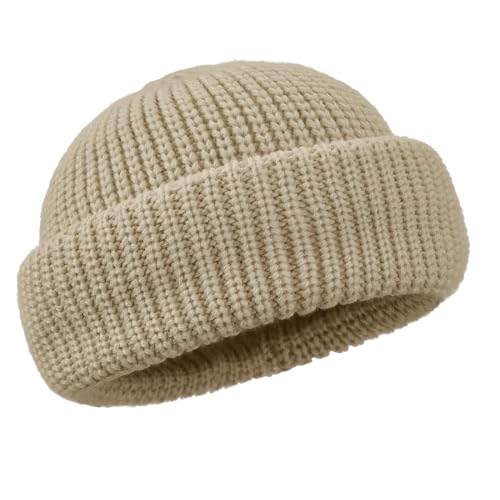 Clakllie Trawler Beanie Watch Hat Knit Cuffed Skullcap Roll-up Edge Stocking Hats Rolled Cuff Knitted Hat Ski Cap - color: Cdus-ddth3-khaki