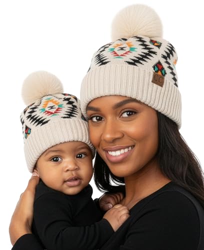 Funky Junque Mommy & Me Pom Pom Beanies Set – Infant Baby & Mom Matching Winter Outfits, Warm Newborn & Women's Beanie Hats - color: Aztec - Beige