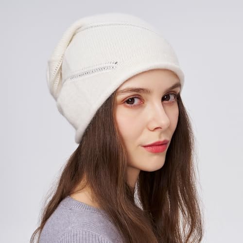 Women's Knitted Angora Wool Hat for Autumn and Winter Warm and Stylish with Rolled Brim and Slanted Rhinestones Cap - color: New-white