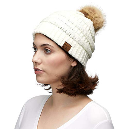 C.C Hatsandscarf Exclusives Unisex Solid Ribbed Beanie with Pom (HAT-43) - color: Ivory
