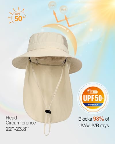Womens Sun Hat Outdoor UV Protection Foldable Packable Bucket Hat with Detachable Neck Flap Beach Fishing Hiking - color: Beige