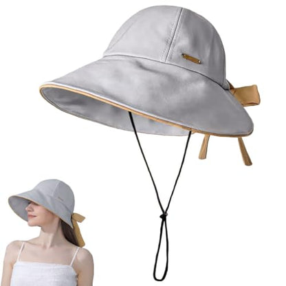 Wide Brim Hats for Woman Foldable Hats Sun Hats for Women uv Protection Bowknot Bucket hat Adjustable hat with Ponytail Hole - color: Grey
