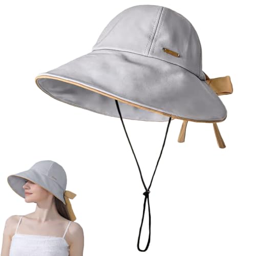 Wide Brim Hats for Woman Foldable Hats Sun Hats for Women uv Protection Bowknot Bucket hat Adjustable hat with Ponytail Hole - color: Grey