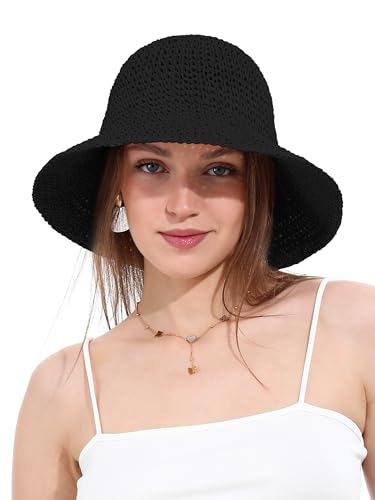 Womens Sun Hat Handmade Crochet Straw Bucket for Summer Foldable Travel Cap - color: Black