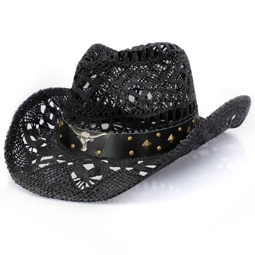 WQWOVRVO Cowboy Hat,Cowgirl Hat,Cowboy Hats for Women/Mens/Straw Wide with Shapeable Brim Cowboy Hat for Womens/White/Black. - color: Black Cowboy Hat 2