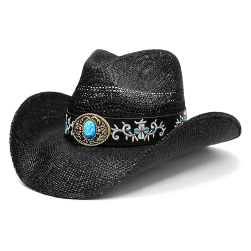 Keilin Cowboy Hats for Women and Men - Straw Teardrop Western Cowgirl Cowboy Sun Hat for Teens and Adults - color: Black Floral Turquoise Stone