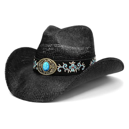 Keilin Cowboy Hats for Women and Men - Straw Teardrop Western Cowgirl Cowboy Sun Hat for Teens and Adults - color: Black Floral Turquoise Stone