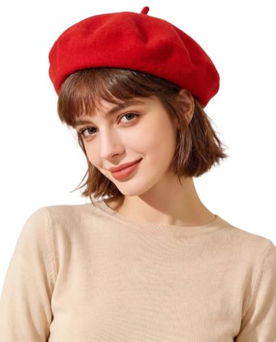 French Beret Hats for Women Men - Classic Wool Beanie Winter Cap - color: Red