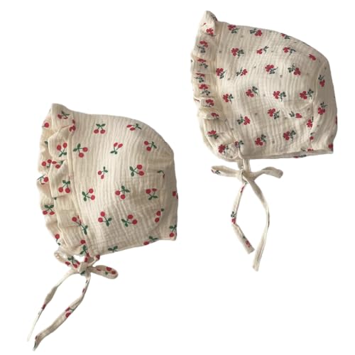 Lovely Baby Girl Bonnet Soft Ruffle Brimmed Newborn Baby Beanie - color: Red Cherry & Red Small Flowers