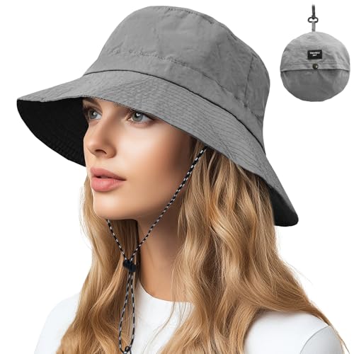 NPQQUAN Sun Bucket Hats for Woman Men Lightweight Sun Hat Packable Foldable - color: (Grey)