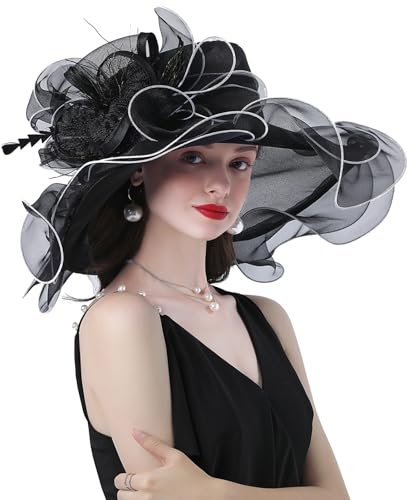 ORIDOOR Women Hats Headband Hairpin Organza Fascinator Church Hat Floral Tea Party Wedding Hat - color: 013e Black
