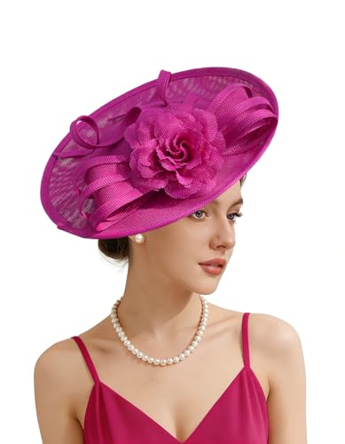 Unpifolov Fascinators Hats Elegant Women Flower Mesh Feathers Wedding Cocktail Bride Headband for Derby Hat Tea Party - color: Rose Red