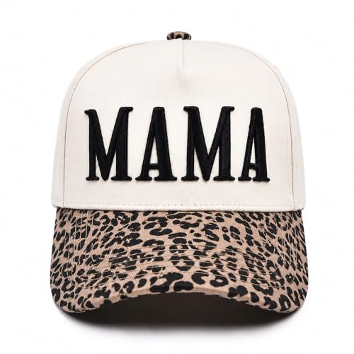 Women’s Mama Trucker Hat Trendy, Embroidered Adjustable Mom Baseball Cap, Two-Tone Ponytail Hat for Outfits - color: Leopard
