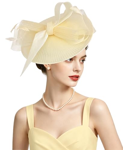 Kidukso Fascinators Hats for Women Derby Hats Tea Party Hat Mesh Headwear with Feather for Church Cocktail Wedding - color: Beige