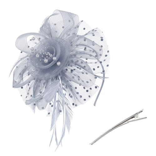 Century Star 2026 Kentucky Hat Derby Fascinator for Women Tea Party Flower Mesh Ribbons Feathers Headband Hair Clips - color: Grey