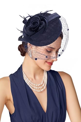 BABEYOND Fascinators Hats for Women Flower Veil Feather Pillbox Derby Hat - color: Navy Blue