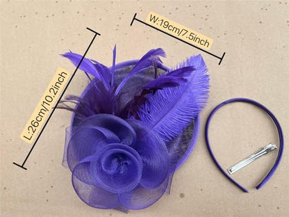 SAFERIN Women's Fascinators Feathers Tea Party Hat Veil Headband with Hair Clip for Cocktail Church - color: Ta4-purple