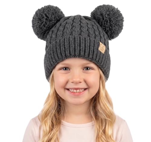 C.C Kids' Cable Knit Double Pom Beanie for Kids - Comfortable Soft Warm Children Skully Hat with Pom - color: Yarn Pom Dark Melange Gray
