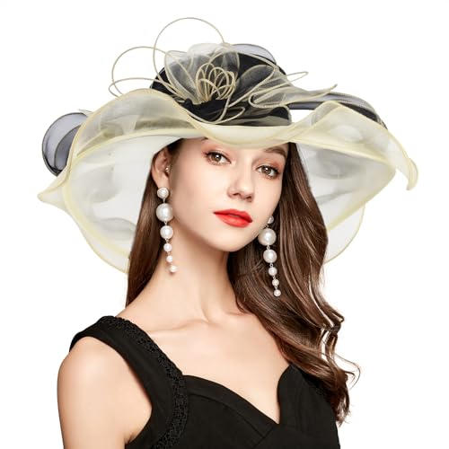 2026 Derby Hats for Women Ladies, Classy Organza Sun Hat, Church Tea Party Wedding Kentucky Fascinator Hat - color: J-2462-black Gold