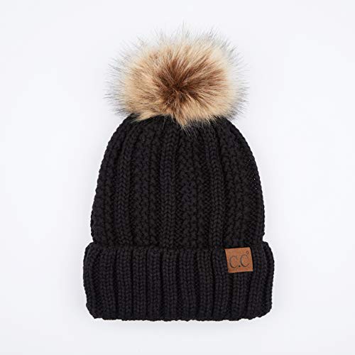 C.C Exclusives Fuzzy Lined Knit Fur Pom Beanie Hat (YJ-820) - color: Black