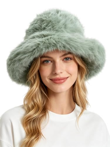 Lina & Lily Oversized Winter Faux Fur Bucket Hat for Women - Long Pile Fur Wide Moldable Brim - color: Mint Green