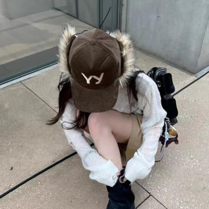 URAWOW Faux Fur Baseball Cap Women Winter Fall Grunge Aespa NINGNING Same Style Trapper Hat Plush Retro Fashion Ear Warmer - color: Military Green B