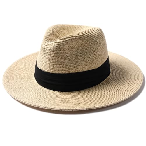 FURTALK Sun Hat Wide Brim Straw Fedora Panama Beach for Men Women - color: Black-beige, size: Medium-Large