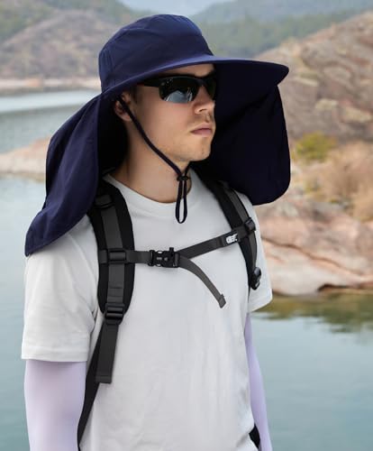 HUAMULAN Women Men Wide Brim Sun Hat Hiking Fishing Hats with Neck Flap - color: Navy With Mesh Panel