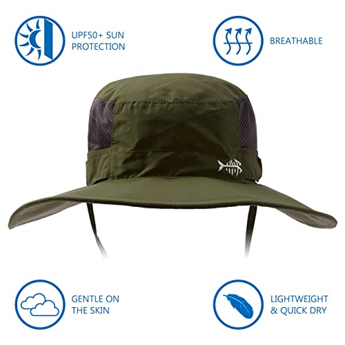 BASSDASH UPF 50+ Sun Fishing Hat Water Resistant with Detachable Neck Flap - color: Army Green - Big Head Size