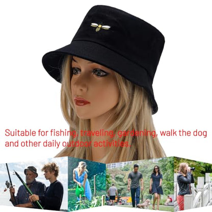 Cotton Bucket Hat for Women Men Summer Travel Sun Beach Bucket Cap, Unisex Outdoor Fisherman Hat - color: Bee