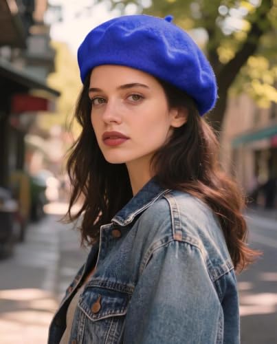 Wool French Beret Hats for Women Classic Winter Beanie Cap - color: Sapphire Blue