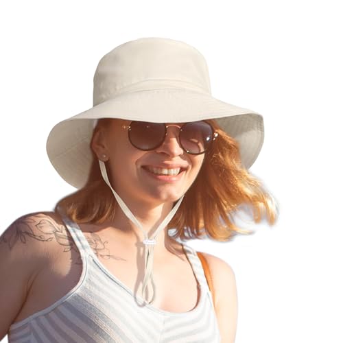 Women Wide Brimmed Sun Hat,Summer Foldable Beach Bucket Hat with UV Protection for Women Young Girls - color: Beige