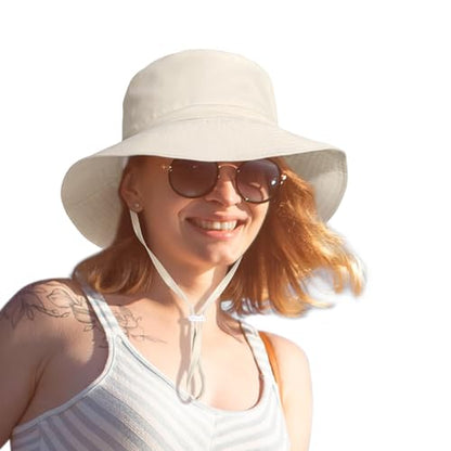 Women Wide Brimmed Sun Hat,Summer Foldable Beach Bucket Hat with UV Protection for Women Young Girls - color: Beige