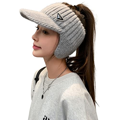 Open Beanie with Earflaps Visor Brim Bun Ponytail Winter Golf Tennis Hats Women - color: Grey
