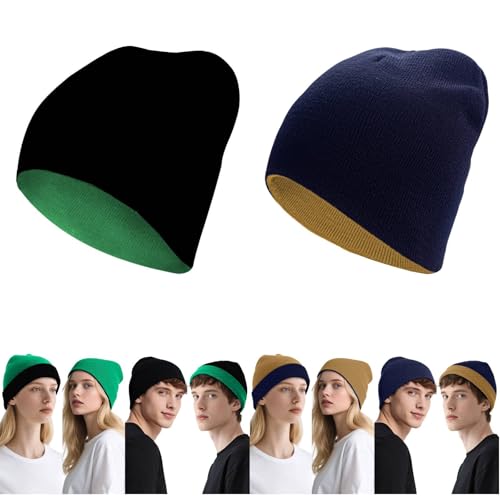 ZOORON Reversible Skull Caps for Men Women Reversible Beanie with -Double Side Warm Winter Fisherman Beanie - color: A-2pack-black/Green+navy/Khaki