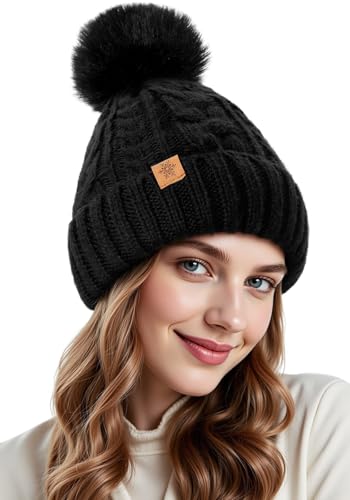Winter Hats for Women - Fleece Lined Beanie for Women, Warm Winter Hat with Faux Fur Pom - color: Black-1
