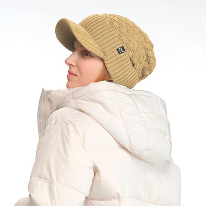 C.C Fuzzy Fleece Lined Warm Oversized Chunky Soft Stretchy Oversized Two Way Ribbed Slouchy Knit Hat with Visor Brim - color: Camel
