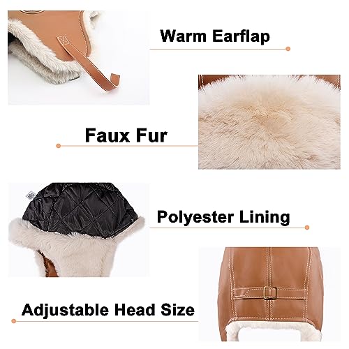 Peicees Aviator Hat With Goggles For Adult Pilot Cap Vintage Goggles Costume With Fur Ear Flaps Winter Trapper Hat Warm