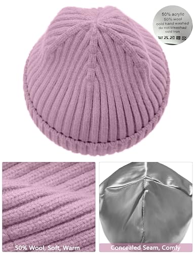 Satin Lined Wool Acrylic Blend Beanie Hat Women Men, Winter Knit Cap - color: Pinky Purple