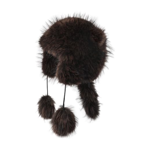 Raccoon Tail Parent-Child Plush Hat Warm Faux Fur Animal Hat with Tail - color: Adult Style-coffee