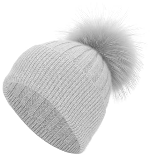 Women Real Fur Pom Pom Winter Ribbed Cuffed Knit Beanie Hat - color: Rc Grey