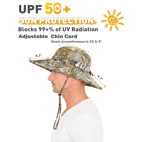 Men Safari Sun Hat Wide Brim Boonie Fishing Cap with Adjustable Drawstring - color: Pine Woodland Camo