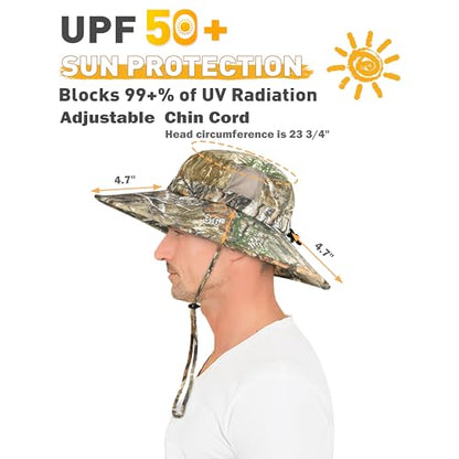 Men Safari Sun Hat Wide Brim Boonie Fishing Cap with Adjustable Drawstring - color: Pine Woodland Camo
