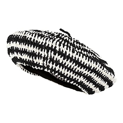 Women Summer Straw Woven Sunhat Classic Beret Artist Painter Sun Hat Cap - color: Stripes Black