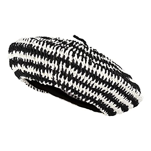 Women Summer Straw Woven Sunhat Classic Beret Artist Painter Sun Hat Cap - color: Stripes Black