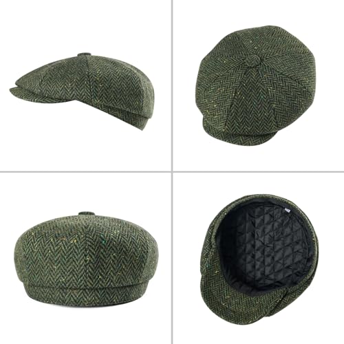 FEINION Men 8 Panel Herringbone Wool Newsboy Cap - color: Flecked Green, size: 7 3/8