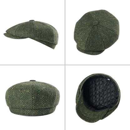 FEINION Men 8 Panel Herringbone Wool Newsboy Cap - color: Flecked Green, size: 7 3/8
