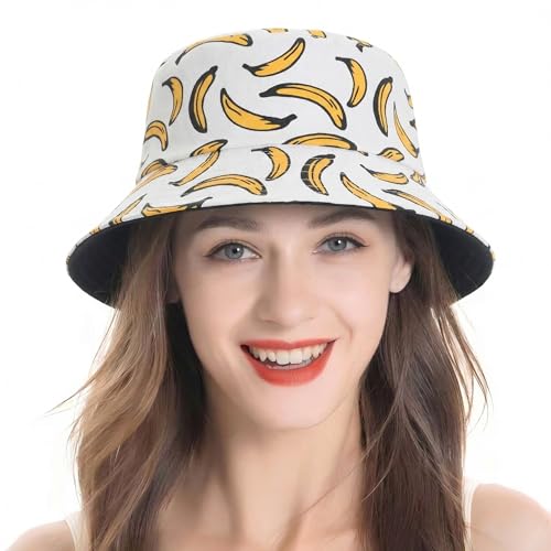 ZLYC Printed Bucket Hat for Women Men Packable Summer Sun Hat for Beach - color: Banana-white2